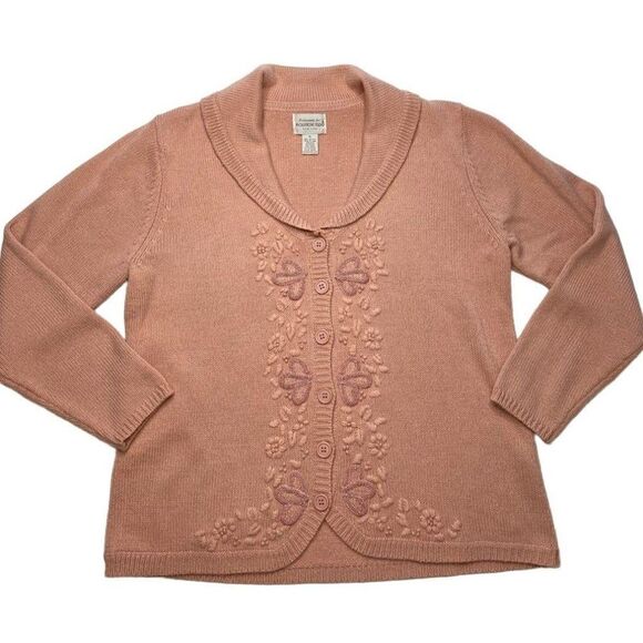 Brownstone Studio New York Peach Pink Embroidered Button Down Cardigan Sz XL - Picture 2 of 8